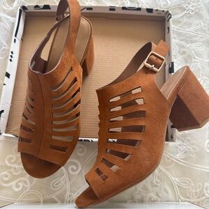 BAMBOO Tan Cage Heels with Slingback